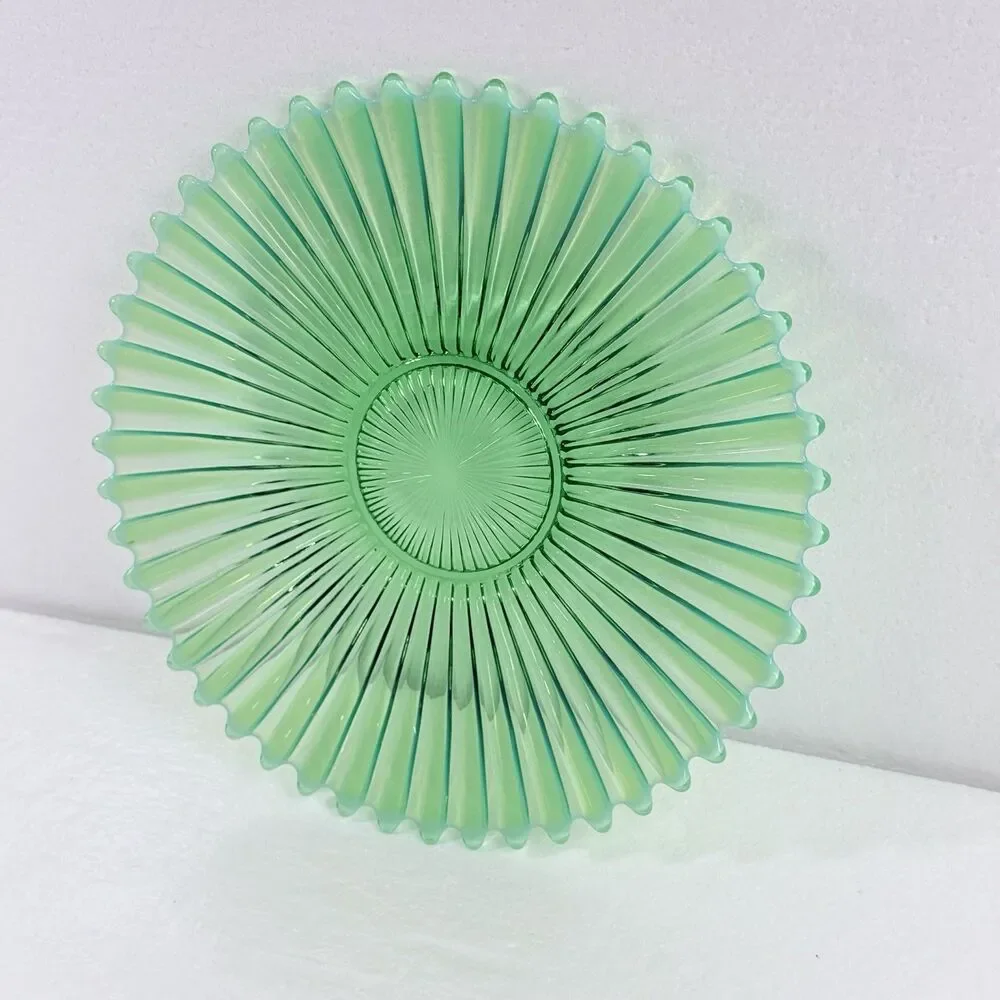 Vintage Green Opalescent Carnival Glass Bowl Sunburst Ribbed Spiked Beaded Edge